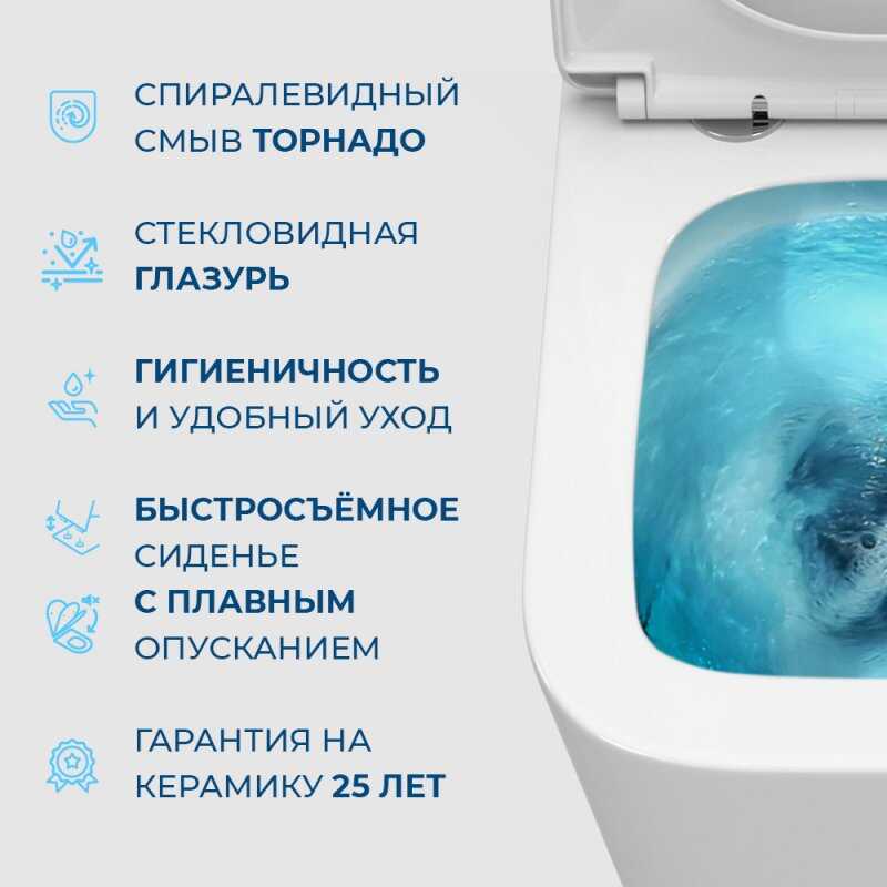 Унитаз подвесной безободковый со смывом TORNADO с сиденьем дюропласт soft close