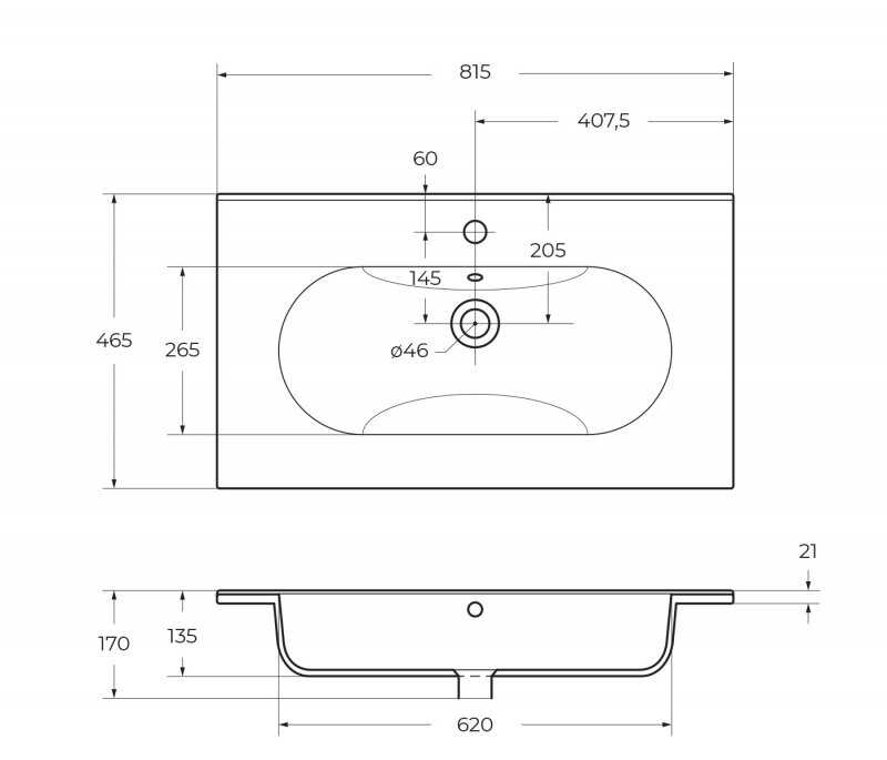 Столешница из керамогранита без отверстия под смеситель 800x460x20