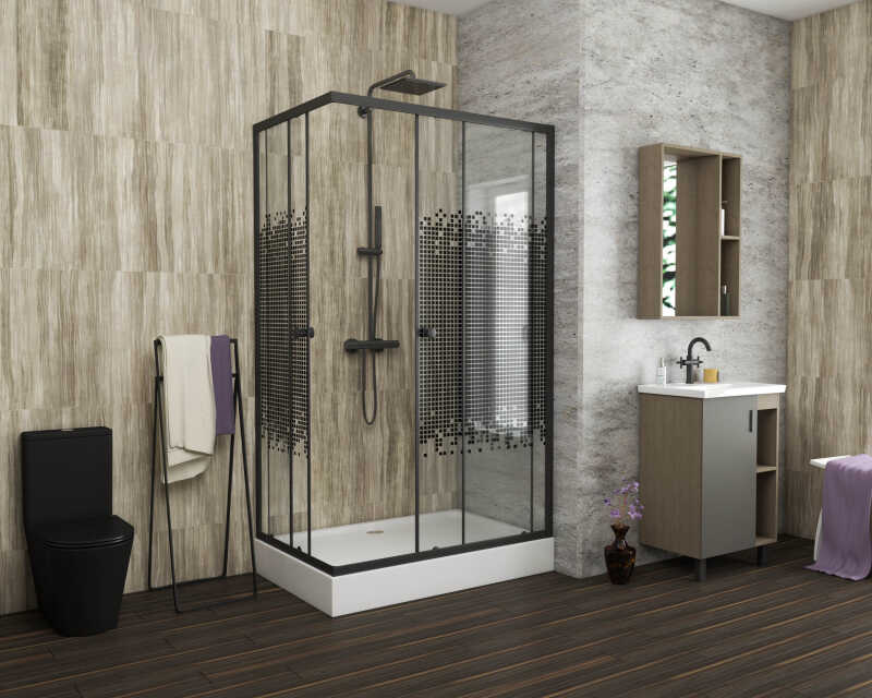 Душевой уголок Niagara Eco NG-018-14Q BLACK (100х80х195) низкий поддон(13см),черный,стекло мозаика,2 места