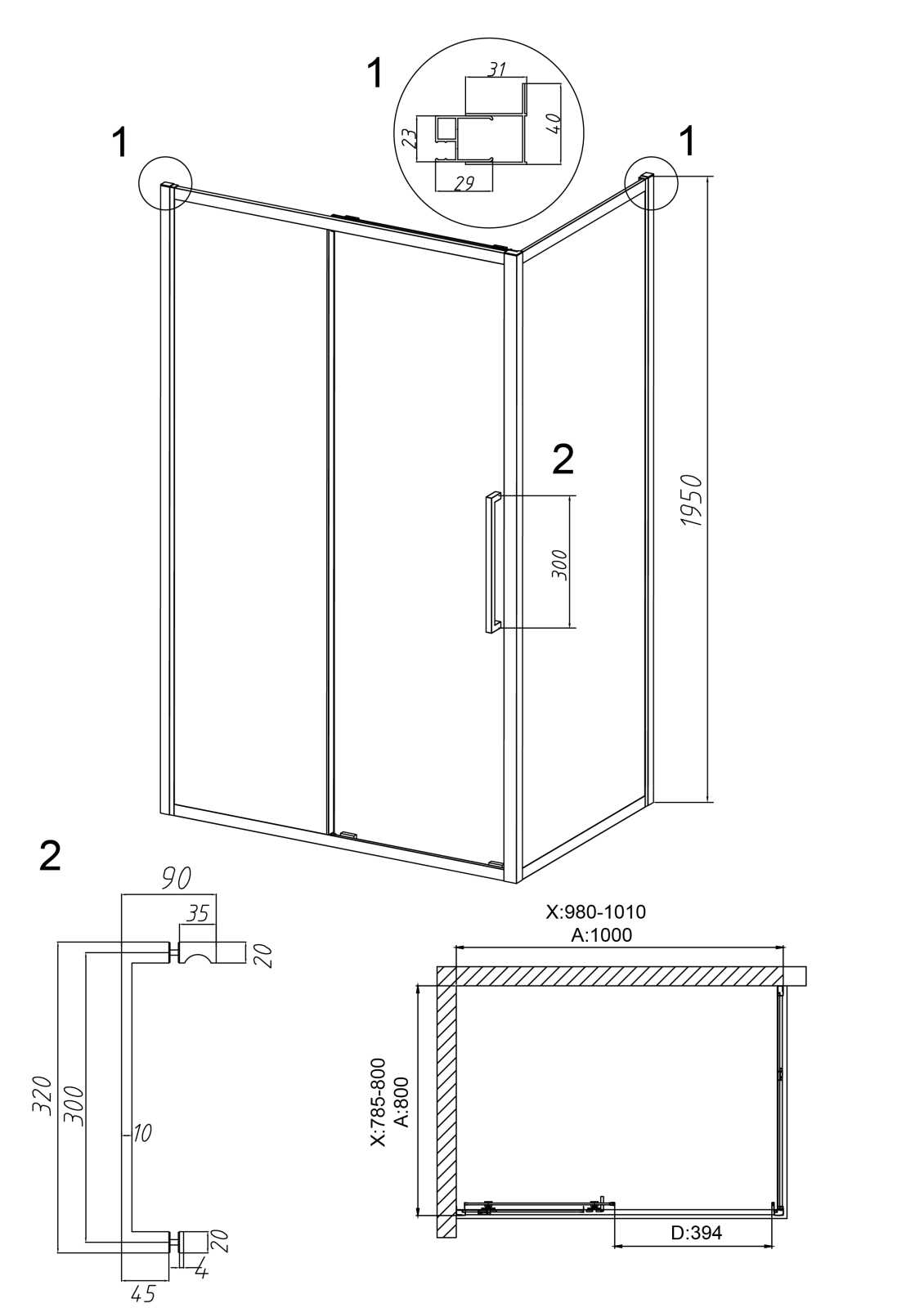 Душевое ограждение Grossman Cosmo 100.K33.02.100.10.00-200.K33.02.80.10.00 (100х80х195) раздвижная,хром,стекло прозрачное,2 места