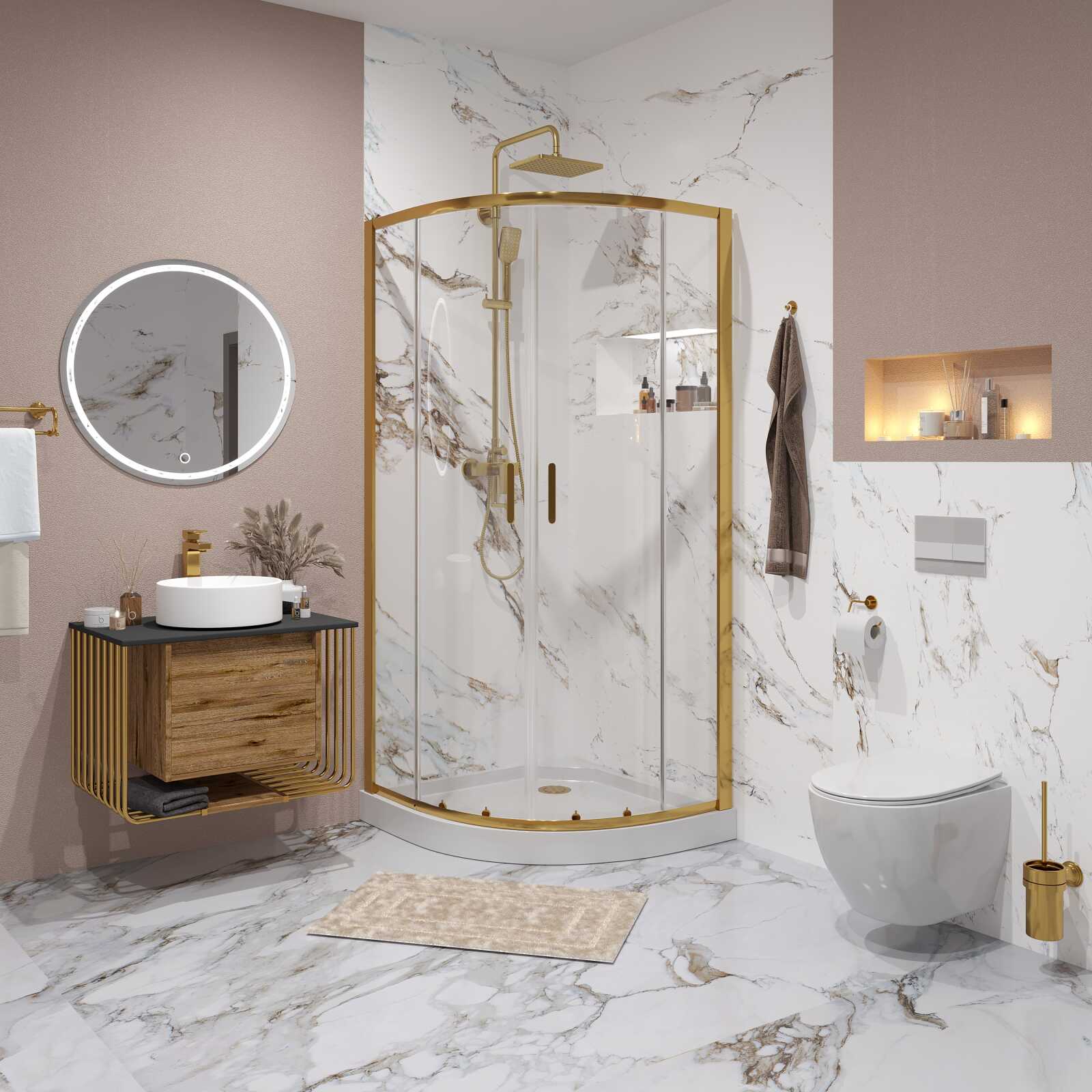 Душевое ограждение Niagara Nova NG-6406-08GOLD (90х90х195) четверть круга,золото,двери раздвижные,стекло прозрачное,1 место