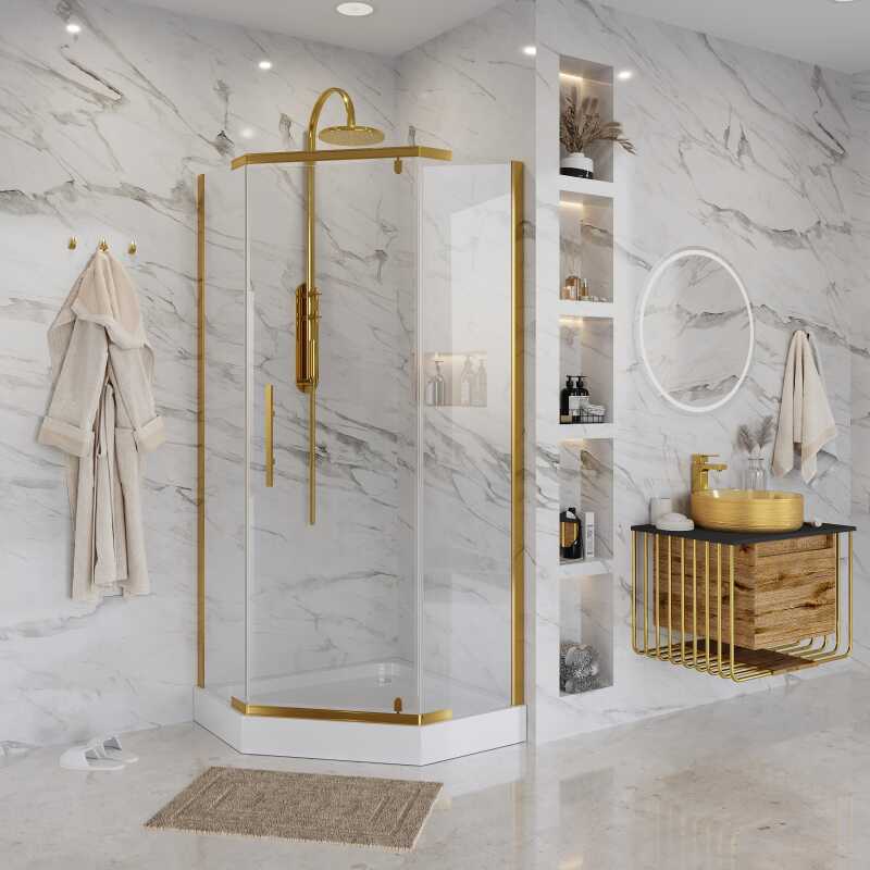 Душевое ограждение Niagara Nova NG-6434-08GOLD (100х100х195) трапеция,золото,двери распашные,стекло прозрачное,1 место