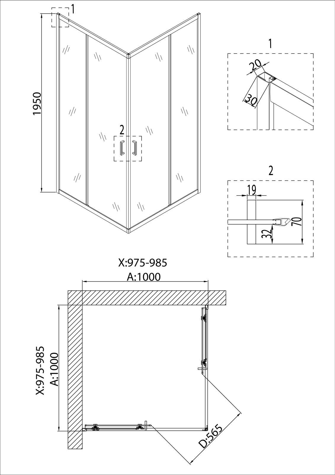 Душевое ограждение Niagara Nova NG-6809-08ВLACK (100х100х195) квадрат,черный,двери раздвижные,стекло прозрачное,1 место
