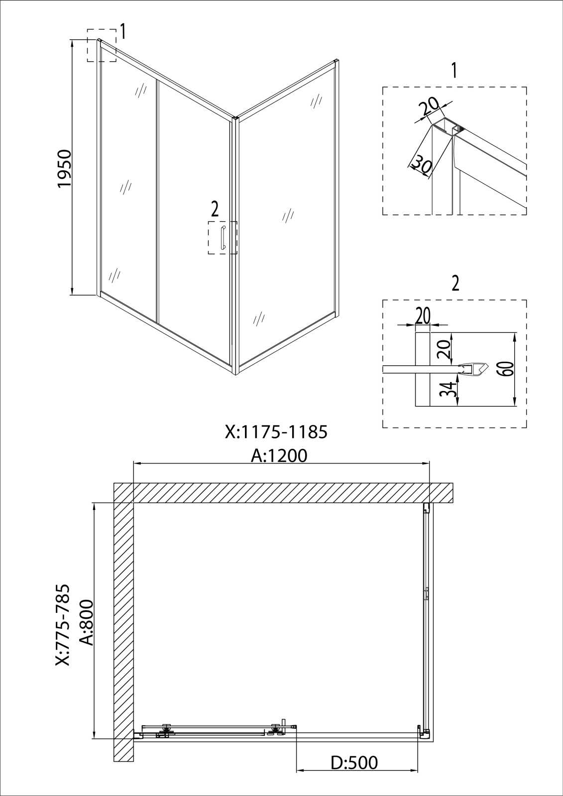 Душевое ограждение Niagara Nova NG-6812-08ВLACK (120х80х195) прямоугольник,черный,дверь раздвижная,стекло прозрачное,1 место