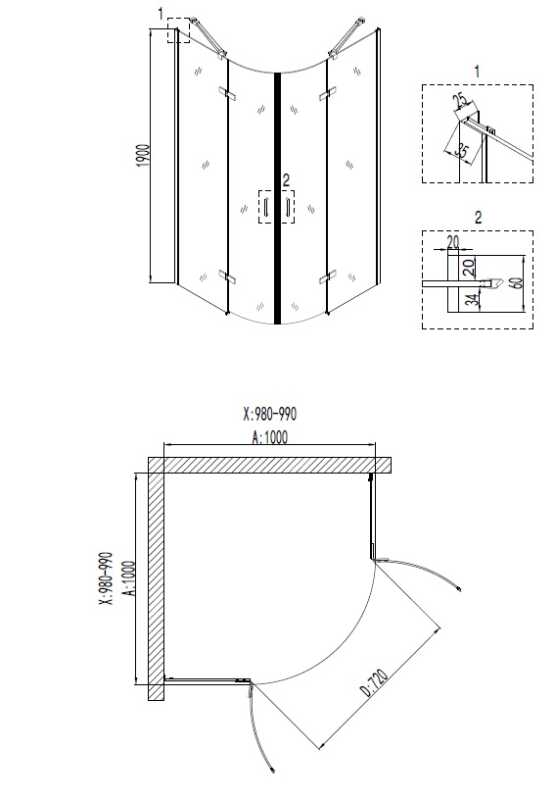 Душевое ограждение Niagara Nova NG-6816-08ВLACK (100х100х190) четверть круга,черный,двери распашные,стекло прозрачное,1 место