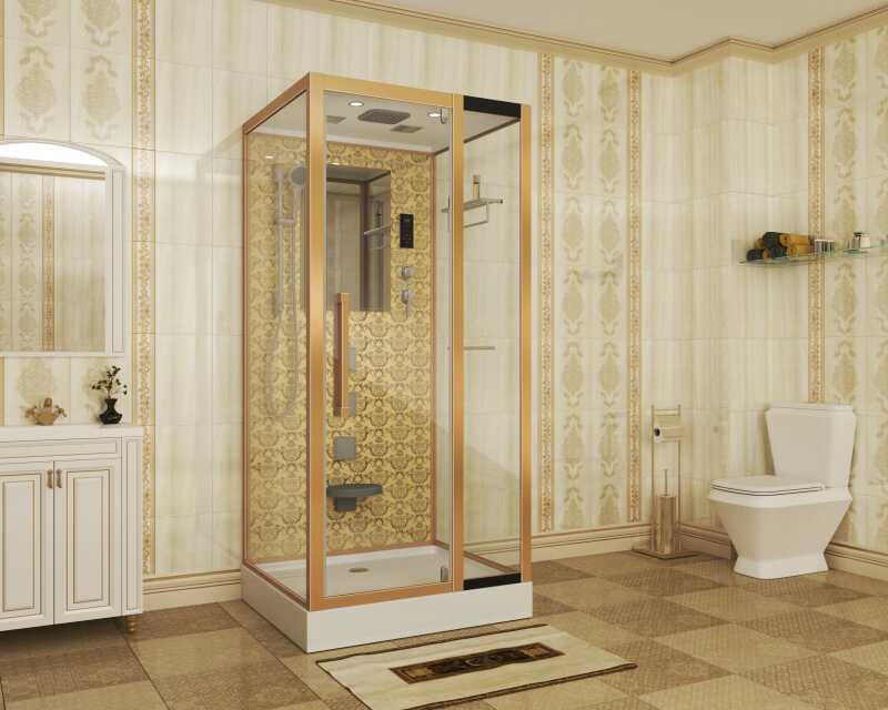 Душевая кабина Niagara Luxe NG-7714G (100x90х215) низкий поддон(15см),дверь распашная,стенки золото,5 мест