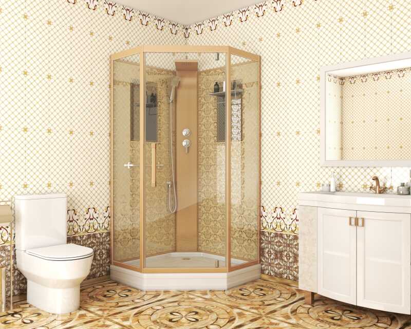 Душевая кабина Niagara Luxe NG-7717GBK (100x100х210) низкий поддон(15см),дверь распашная,стенки золото,без крыши,4 места