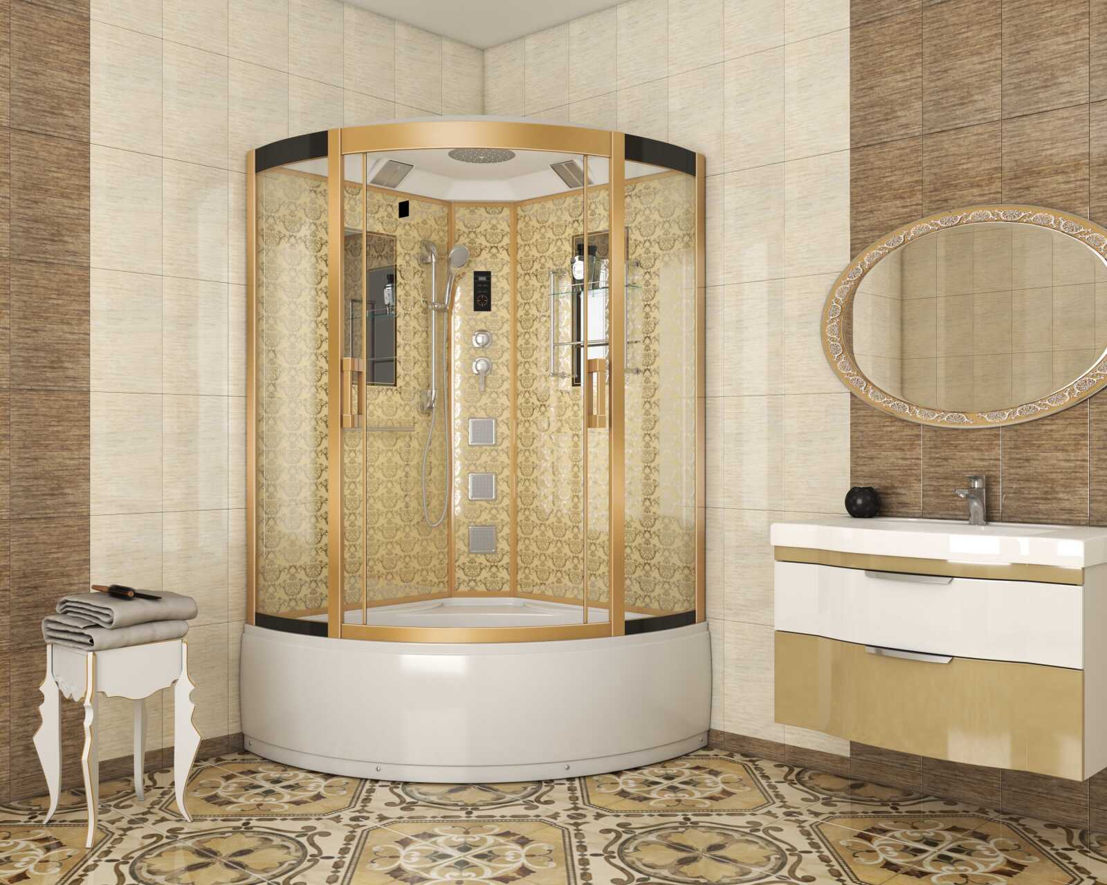 Душевая кабина Niagara Luxe NG-7744G (120x120х215) высокий поддон(50см),дверь раздвижная,стенки золото,4 места