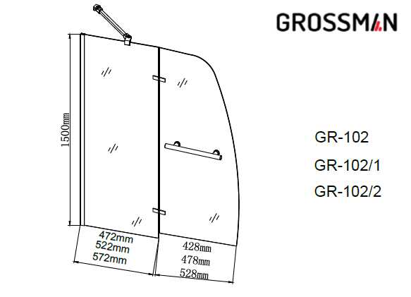 Шторка для ванны Grossman GR-102 (150х90) распашная,хром,стекло прозрачное,1 место