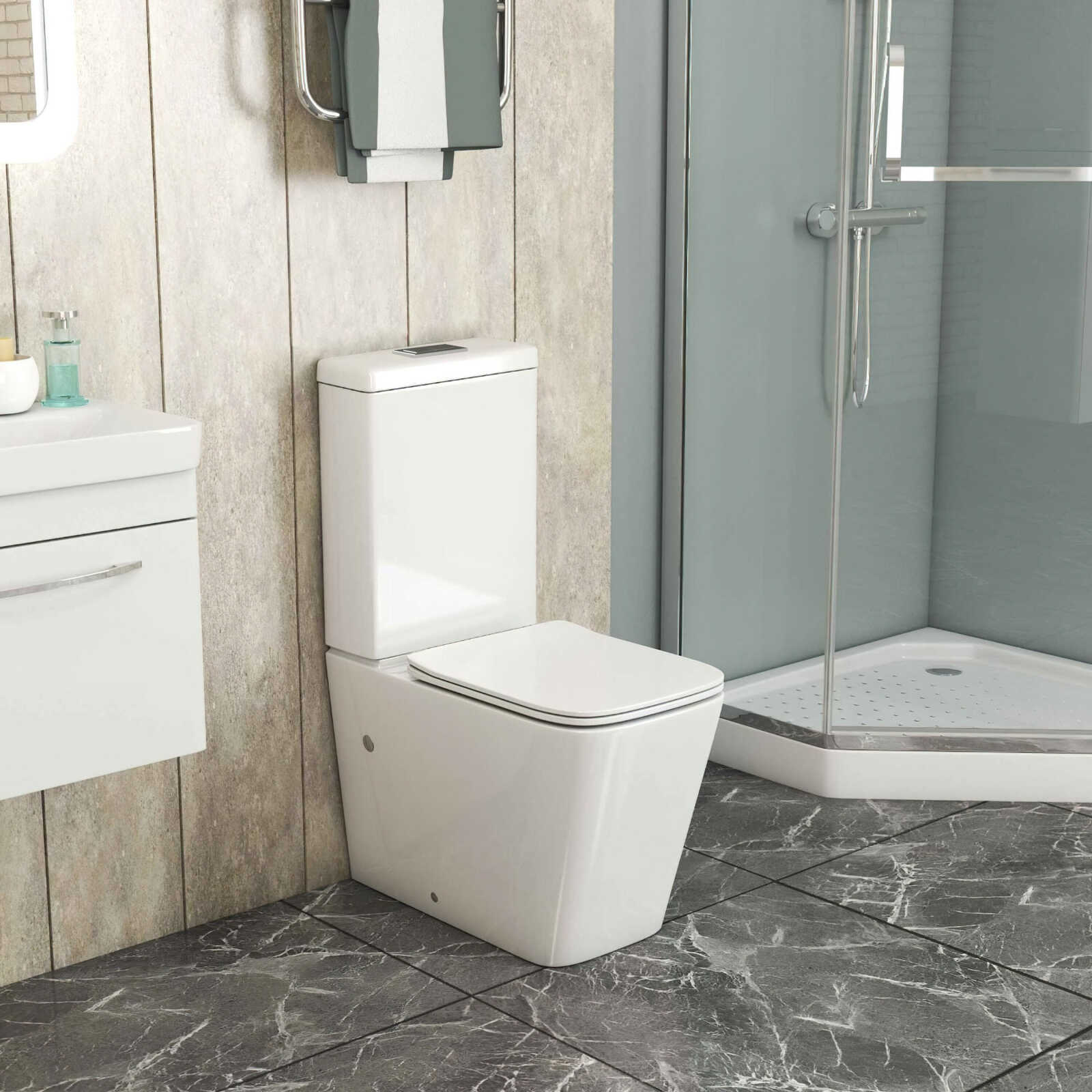 Унитаз напольный Grossman Classic GR-4445SQ (635х355х830) безободковый,белый с тонкой крышкой,микролифт,смыв торнадо,2 места