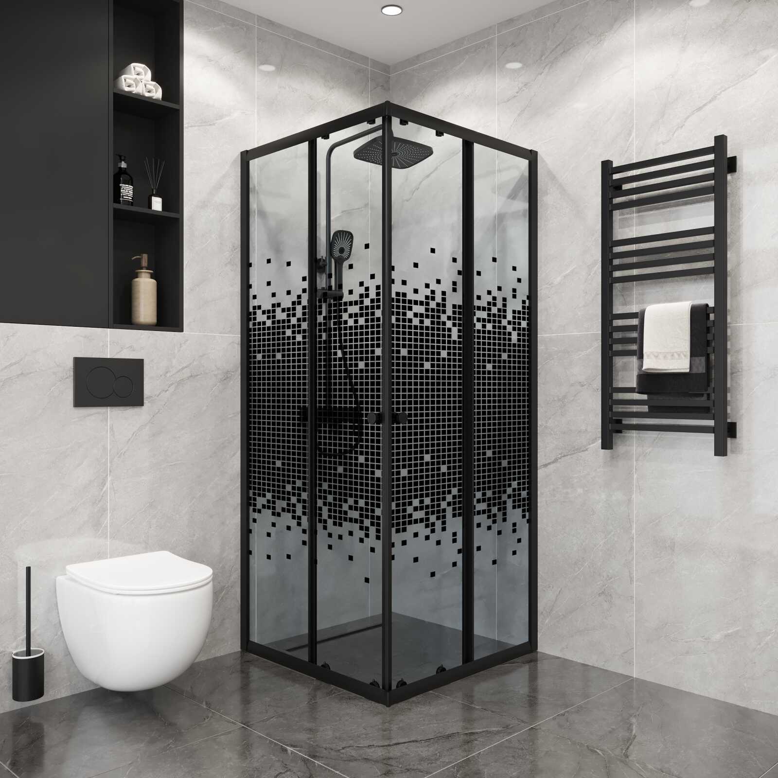 Душевое ограждение Niagara Eco NG-1008-14QBLACK (80х80х190) квадрат,раздвижное,черный,стекло мозаика,1 место