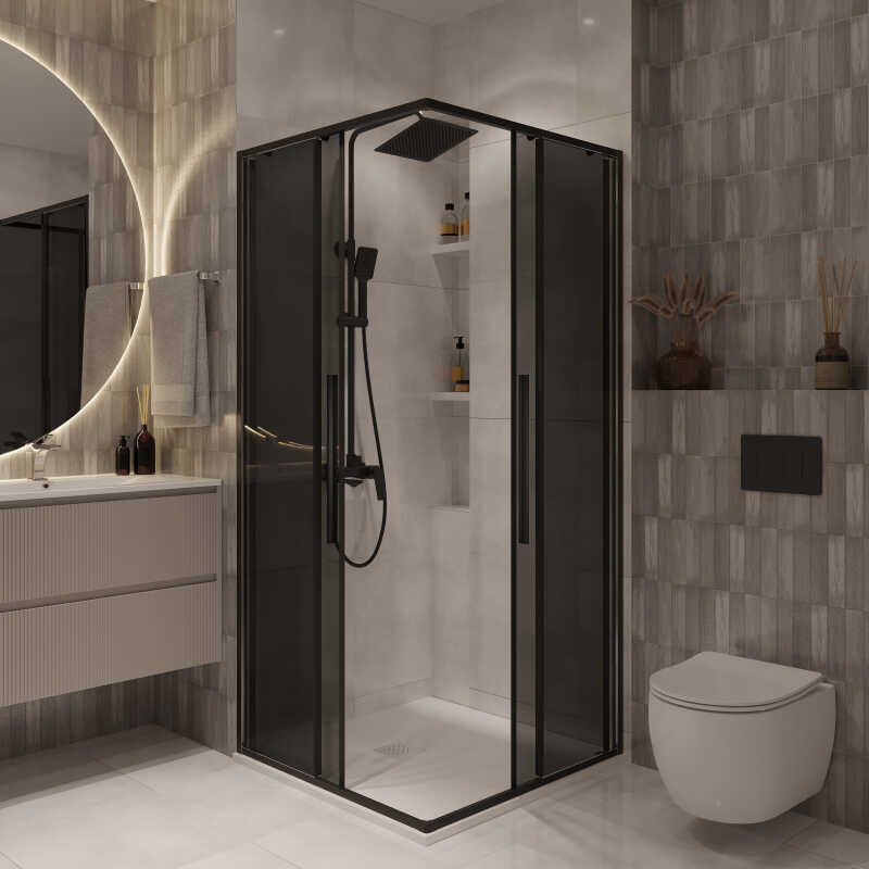 Душевое ограждение Niagara Nova NG-2822-34BLACK (80х80х195) квадрат,черный матовый,двери раздвижные,стекло тонированное,1 место