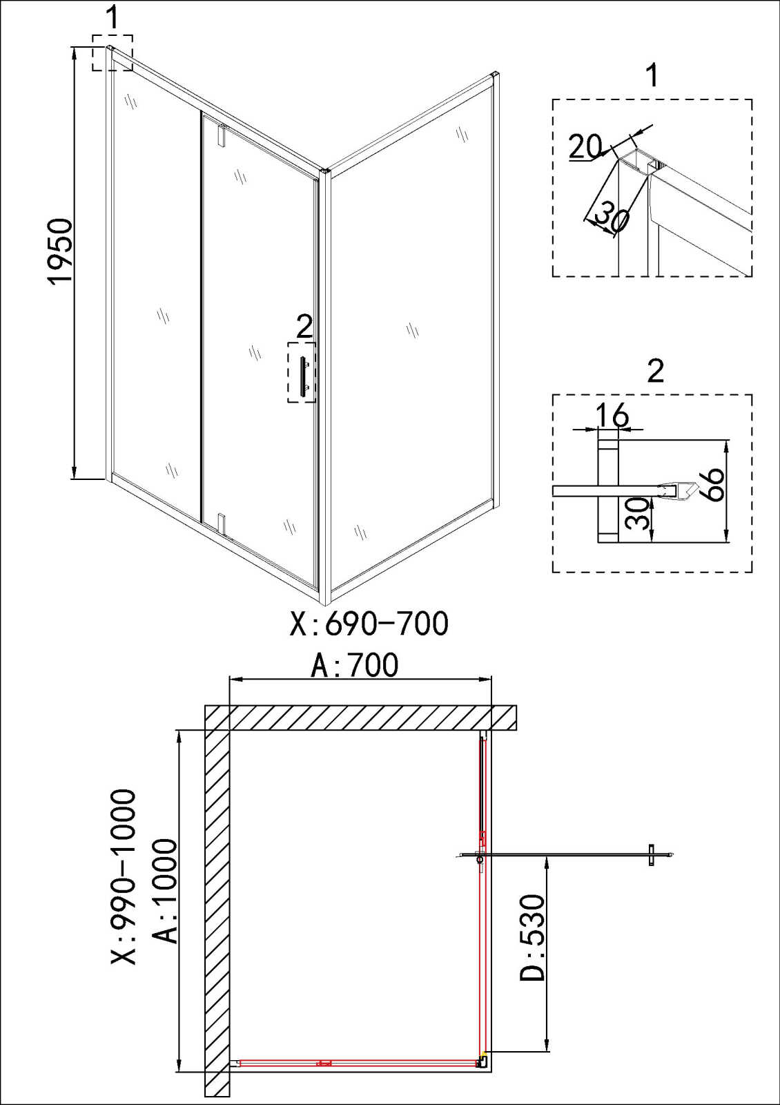 Душевое ограждение Niagara Nova NG-43-10AG-A70G (100х70х195) прямоугольник,золото,двери распашные,стекло прозрачное,2 места