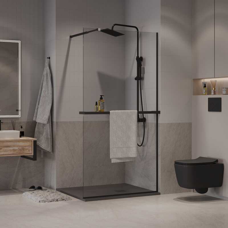 Душевая перегородка Niagara Nova NG-670-80ВLACK (80х195) черный матовый,стекло прозрачное,с полкой,1 место