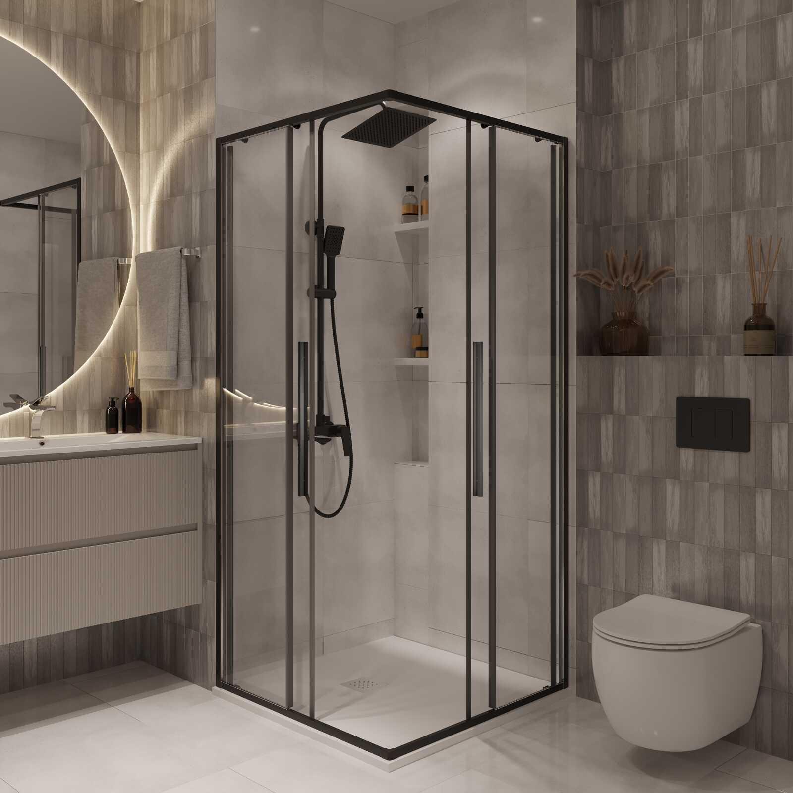 Душевое ограждение Niagara Nova NG-6822-34ВLACK (80х80х195) квадрат,черный матовый,двери раздвижные,стекло прозрачное,1 место