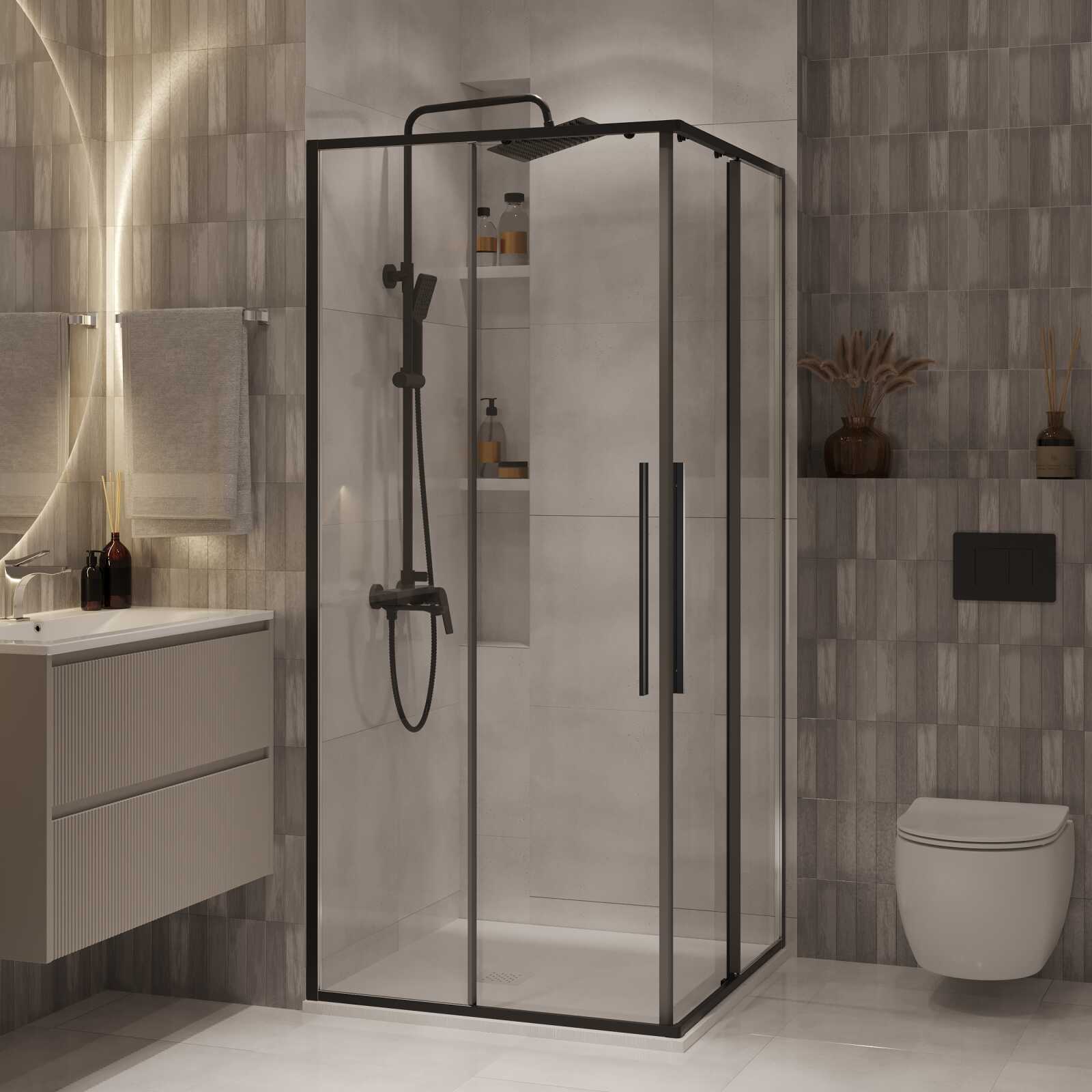 Душевое ограждение Niagara Nova NG-6822-34ВLACK (80х80х195) квадрат,черный матовый,двери раздвижные,стекло прозрачное,1 место