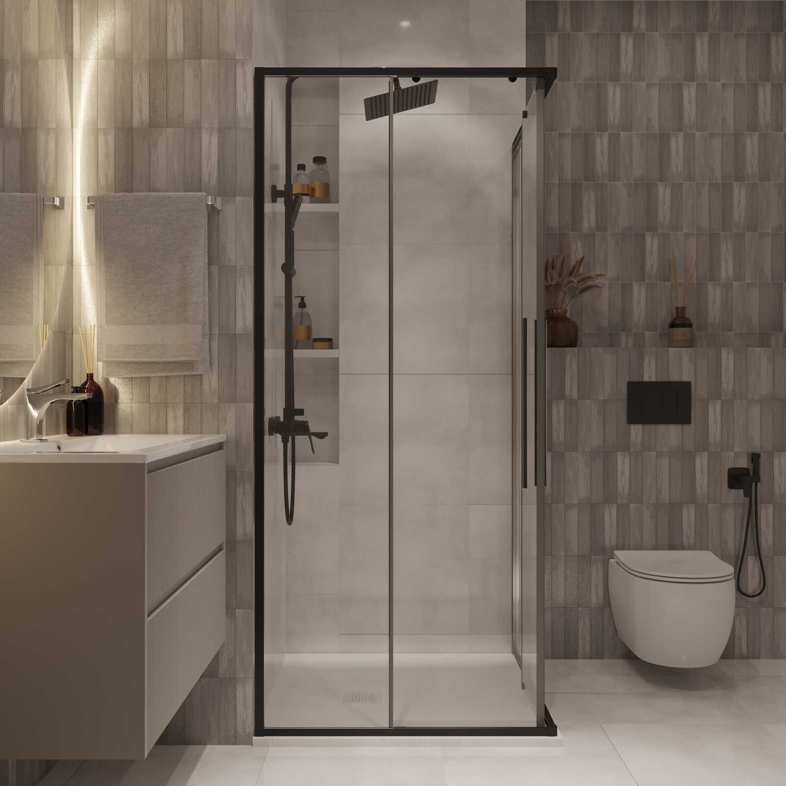 Душевое ограждение Niagara Nova NG-6822-34ВLACK (80х80х195) квадрат,черный матовый,двери раздвижные,стекло прозрачное,1 место