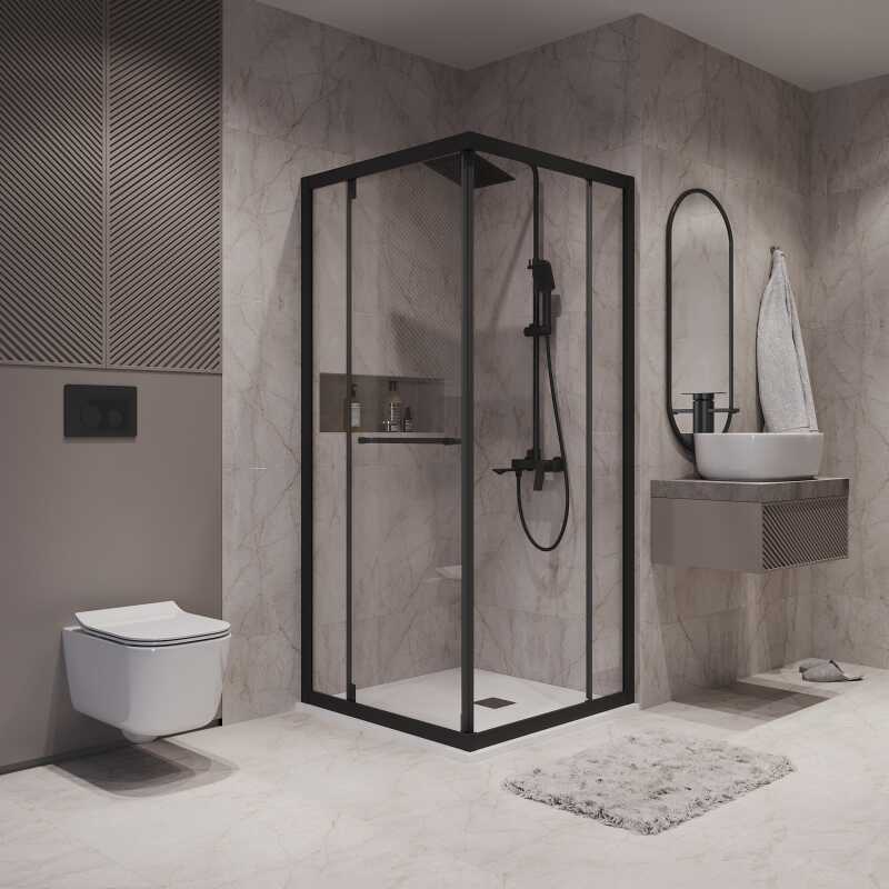 Душевое ограждение Niagara Nova NG-6833-34ВLACK (90х90х195) квадрат,черный матовый,двери раздвижные,стекло прозрачное,1 место