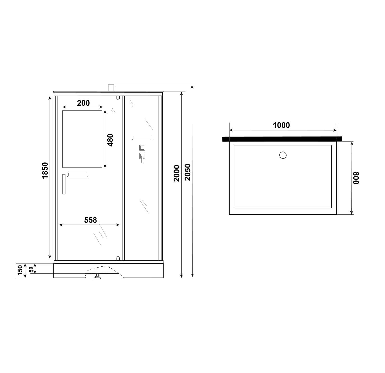 Душевая кабина Niagara Standart ST100/80/15Q/BK (100х80х200) прямоугольник,поддон 15см,распашная,проф.белый,без крыши,3 места