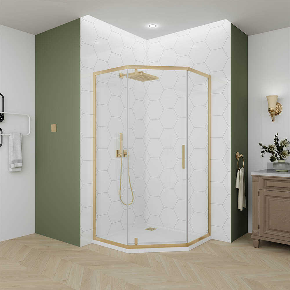 Душевой угол Veconi Ottimo P10 G, 800x800x1900, золото брашинг, стекло прозрачное