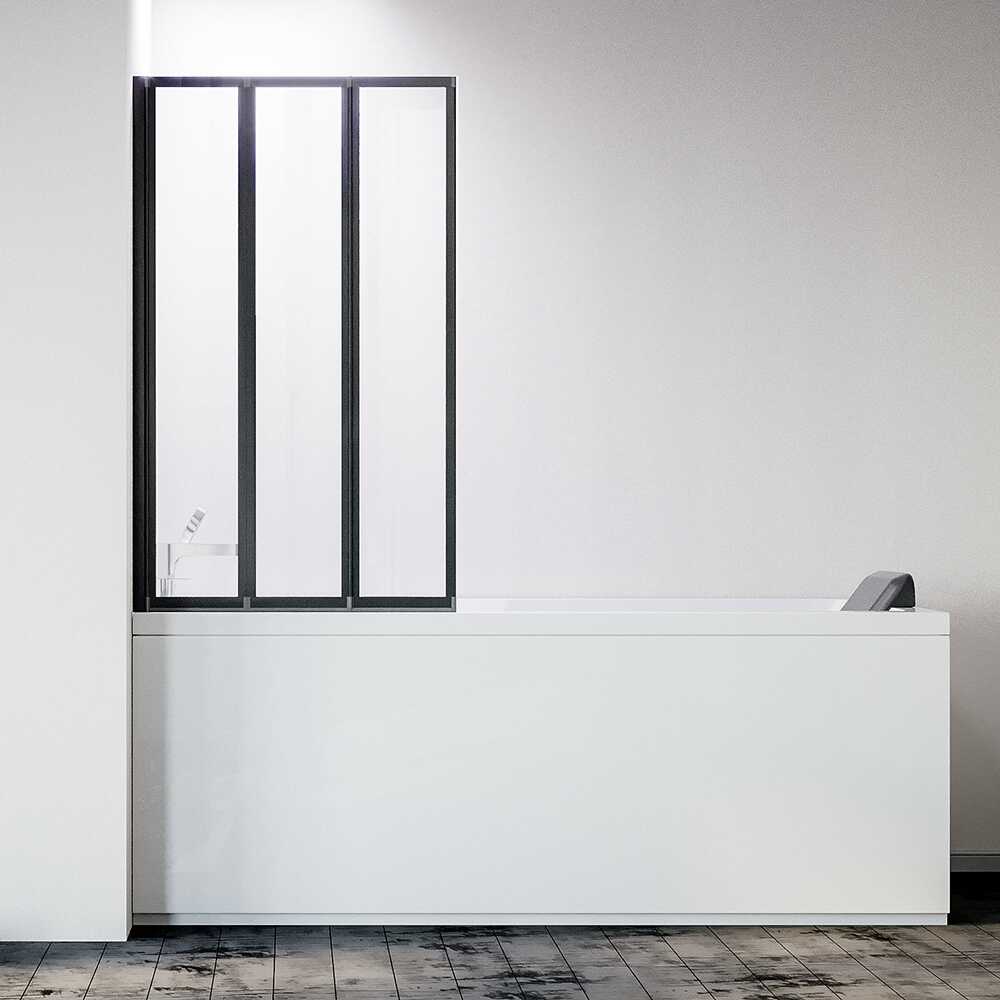 Шторка на ванну складная левая Veconi Palau, PL-73BL, 1200x1500, черный матовый, прозрачное стекло