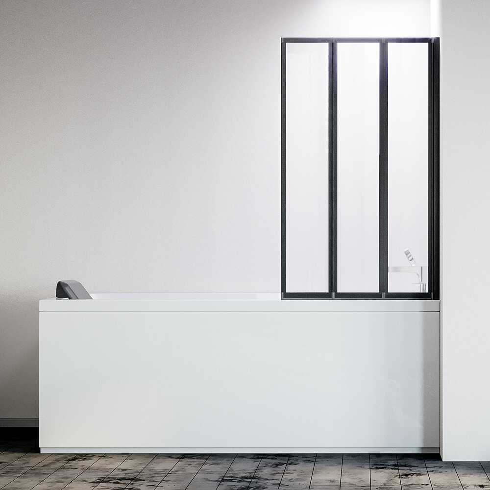 Шторка на ванну складная правая Veconi Palau, PL-73BR, 1200x1500, черный матовый, прозрачное стекло