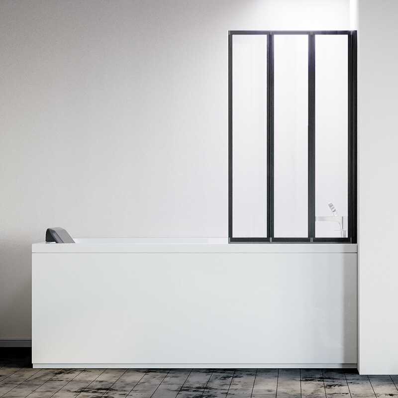 Шторка на ванну складная правая Veconi Palau, PL-73BR, 1200x1500, черный матовый, прозрачное стекло