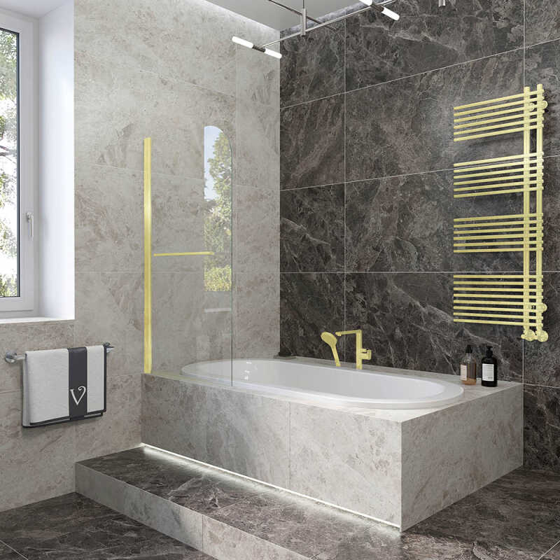 Шторка на ванну Veconi Palau PL-79G, 900x1500, золото брашинг, стекло прозрачное