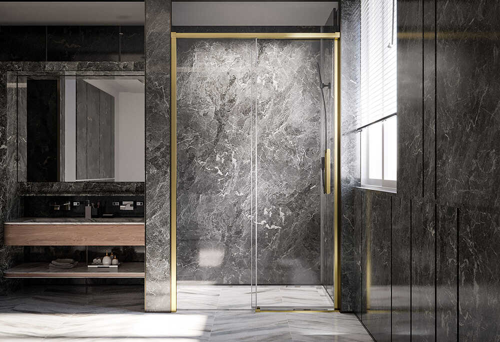 Душевая дверь Veconi Premium Trento PTD-40G, 1200х2000, брашированное золото, стекло прозрачное