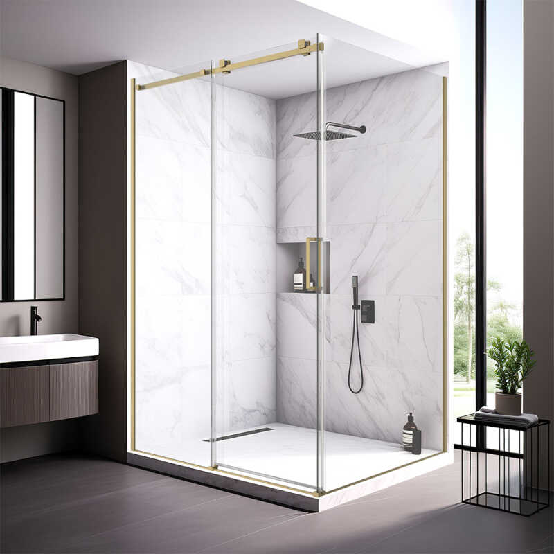 Душевой угол Veconi Rovigo RV-075G, 1200х900х2000 золото брашинг, стекло прозрачное