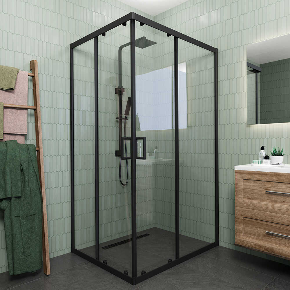 Душевой угол Veconi Rovigo RV-14, 900x800x1950, черный, стекло прозрачное