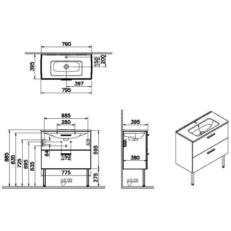 Mia Модуль с 2 ящиками с раковиной, 80 см, цвет белый глянец